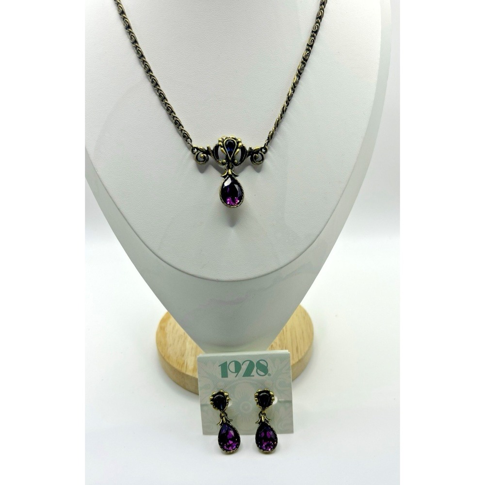 1928 Jewelry Necklace Earring Set Purple Teardrop Victorian Style Gold Tone